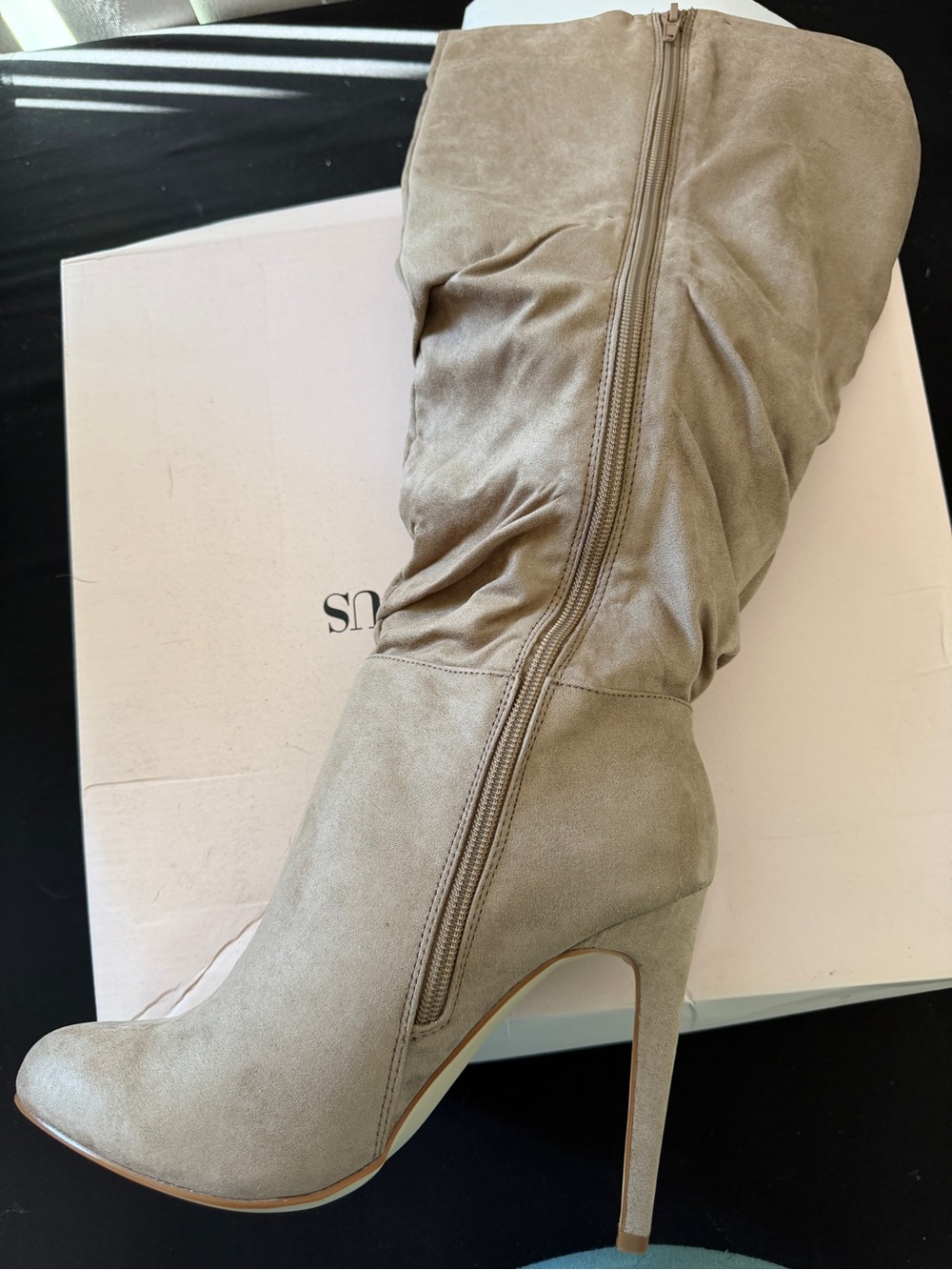 JustFab Taupe Slouchy Suede High Stiletto Knee Boot